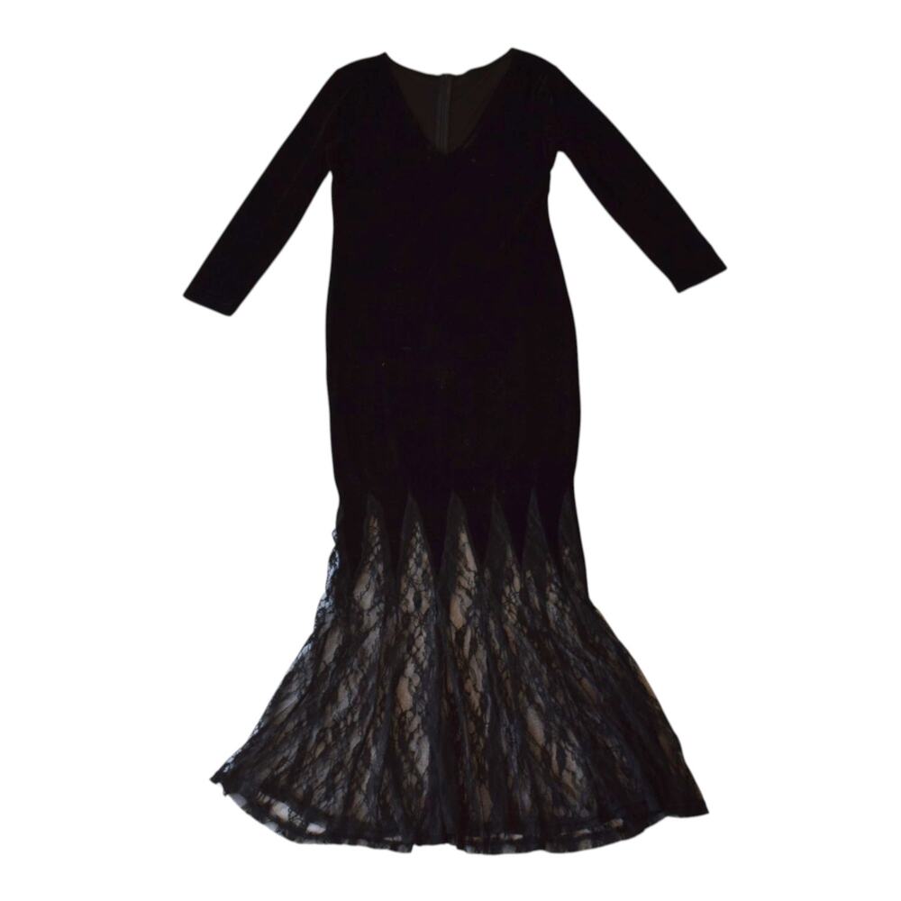 Gothic Black Velvet Mermaid Maxi Dress Morticia Addams Halloween Gown Large